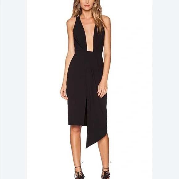 NICHOLAS Dresses & Skirts - Nicholas Dress‎ Womens 6 Black Midi Plunge VNeck Asymmetrical Hem Revolve